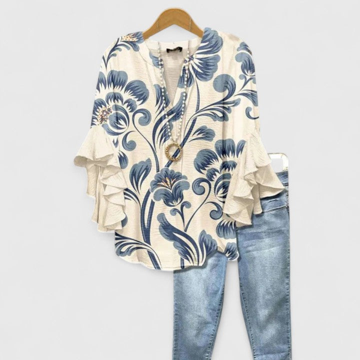Myravelle - Elegant Women's Bohemian Printed Blouse with Flounced Sleeves