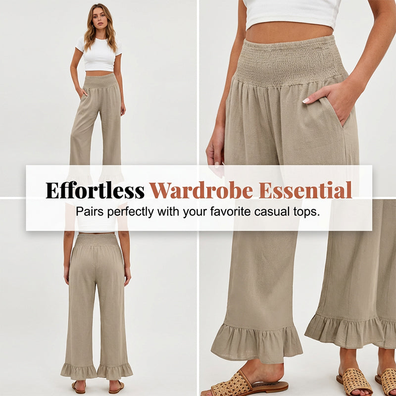 Dorexa - Women's High-Waisted Smocked Wide Leg Boho Cotton Linen Trousers