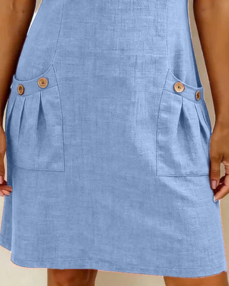 Kovira - Cotton Linen Short Dress with Zipper and Pockets