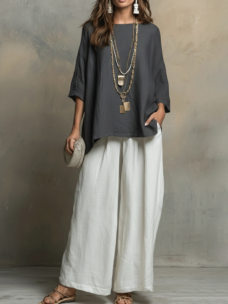 Tyvella - Women's Two-Piece Linen Outfit Loose Fit Wide Leg Pants