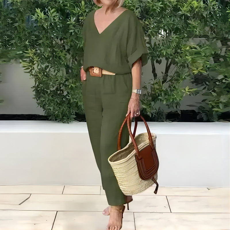 Loxaria - Women's V-neck Top and Pocket Trousers Casual Set