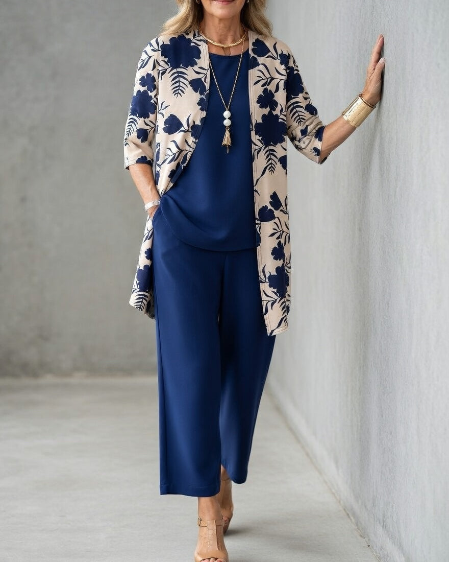 Sabrina - Elegant Three-Piece Women's Outfit: Flowy Cardigan, Top, and Wide-Leg Pants