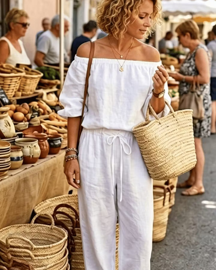Brixavelle - Women's Off-the-Shoulder Cotton Jumpsuit with Tie Waist