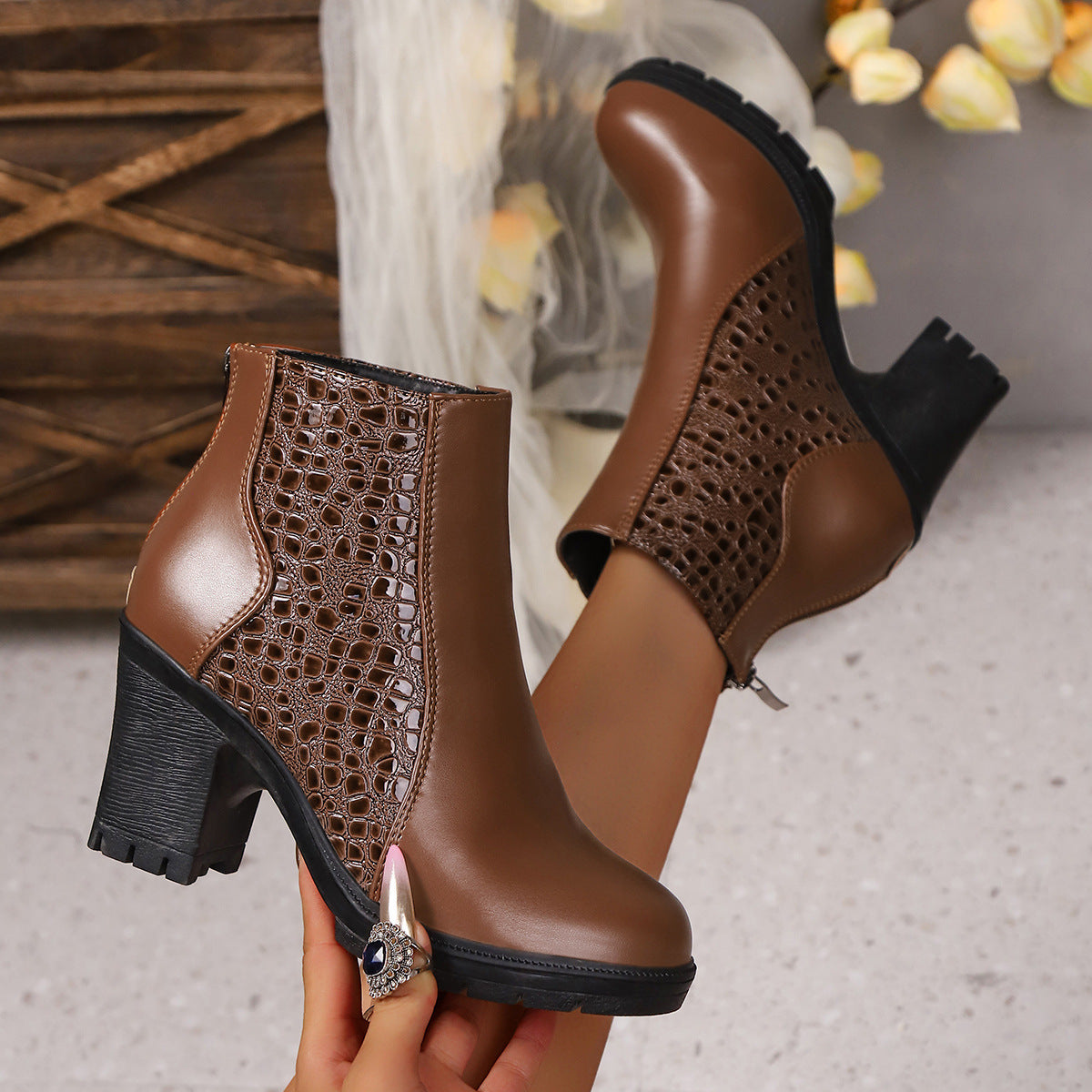 Belyssa - Elegant Genuine Leather Chunky Heel Ankle Boots