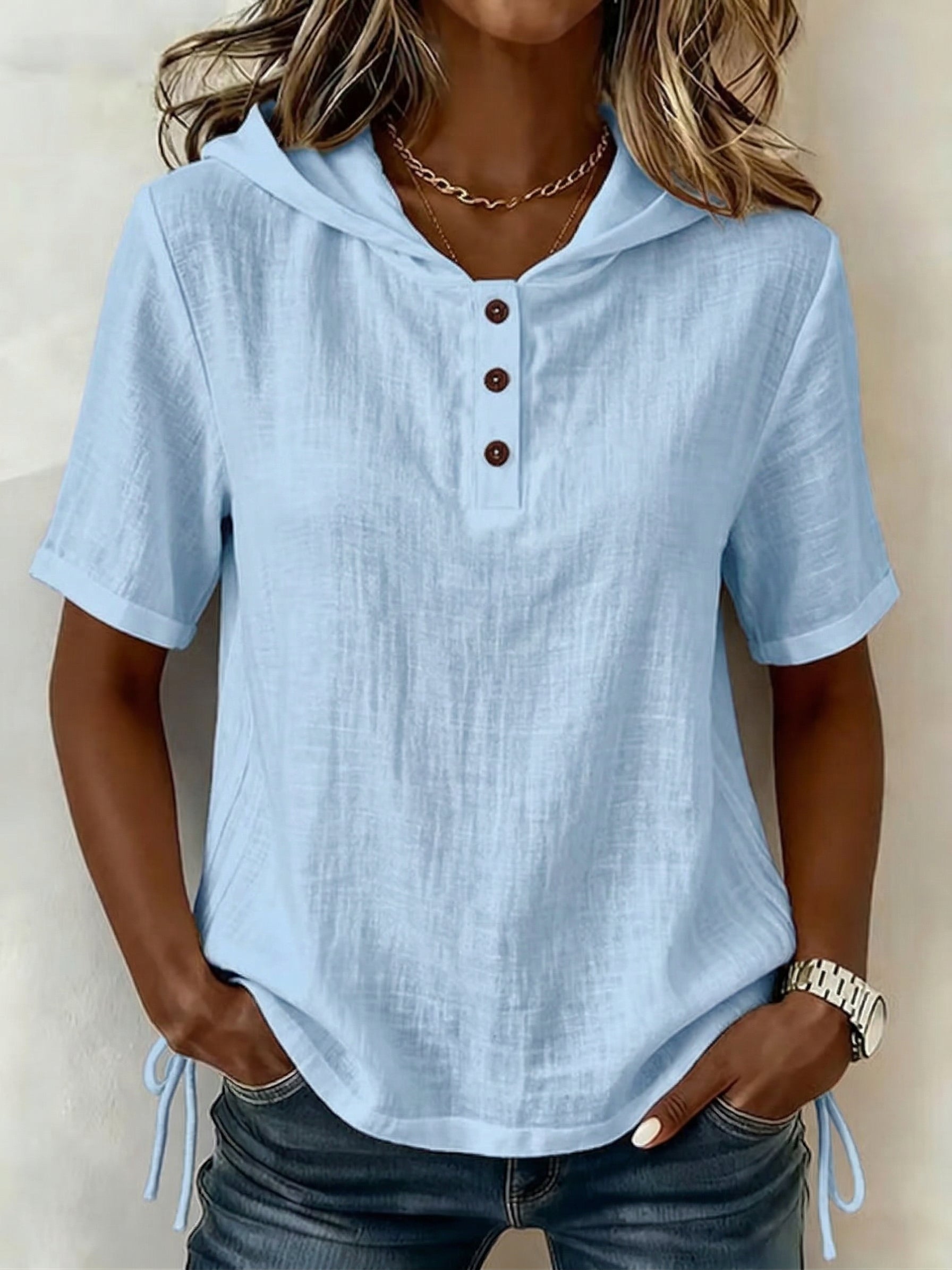 Aevrixa - Women's flowing short-sleeve hooded top with button-up open collar, casual style