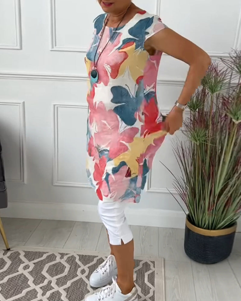 Anita - Women's green printed flowy short-sleeved loose-fitting dress