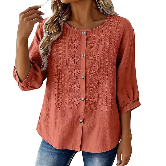 Sorivelle - Women's 3/4-Sleeve Cotton and Linen Embroidered Blouse
