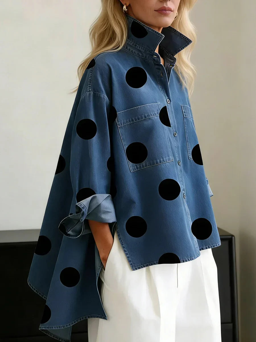 Aqira - Women's Oversized Polka Dot Shirt Loose Fit Modern Structured Collar