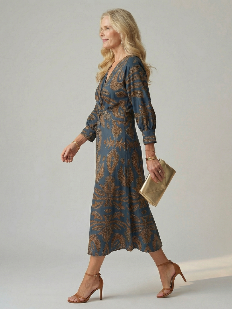 Falune - Women's elegant printed wrap midi dress with a fitted waist