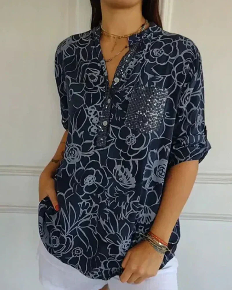 Gavira - Elegant Floral Blouse with Decorative Pocket