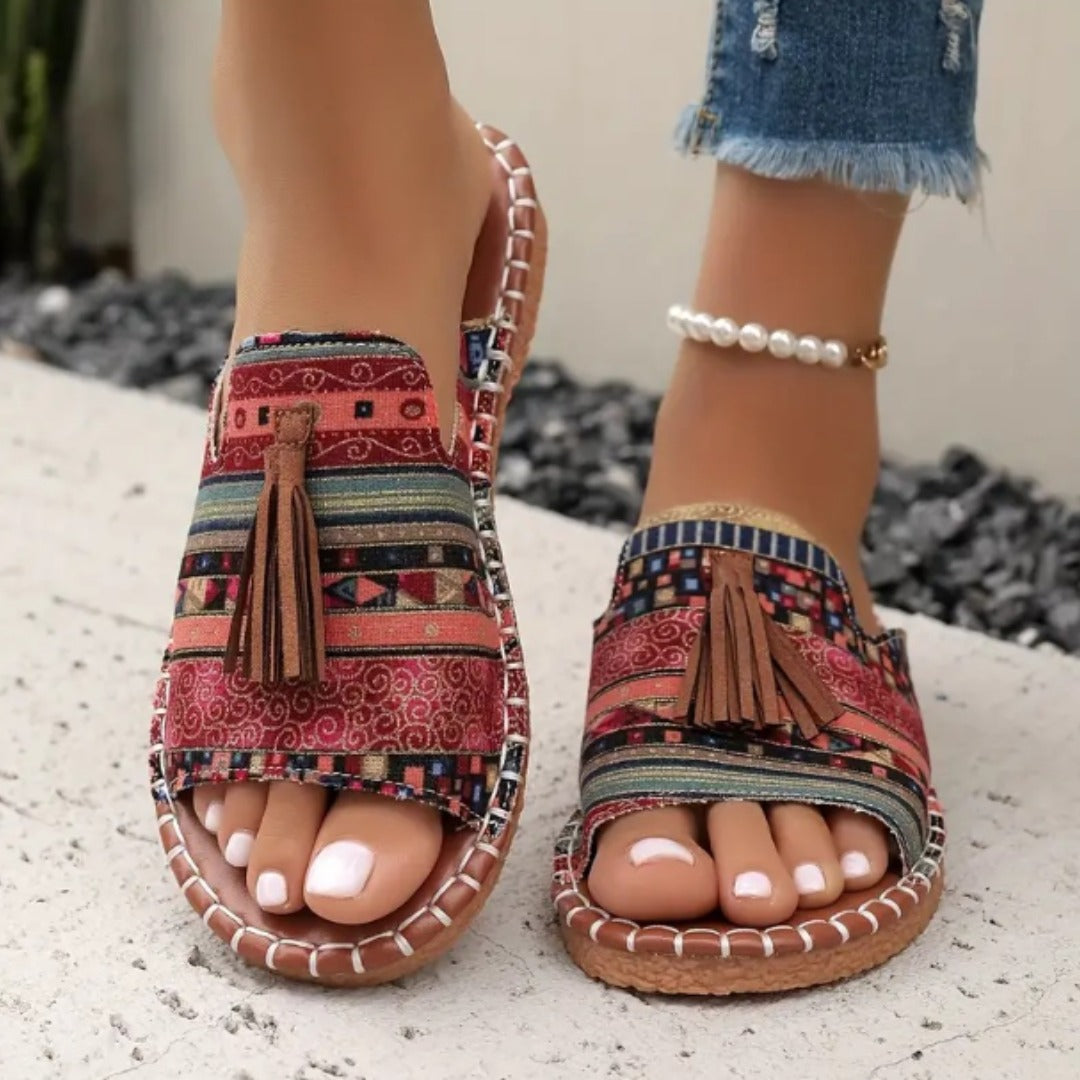 Erythia - Women's flat ethnic fabric sandals with fringe and comfort sole