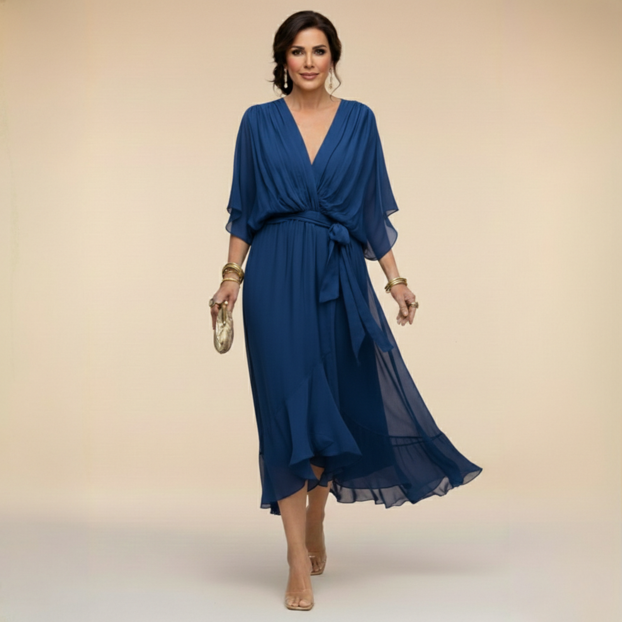 Lazira - Women's flowing midi dress with V-neck, wide sleeves, and elegant belt