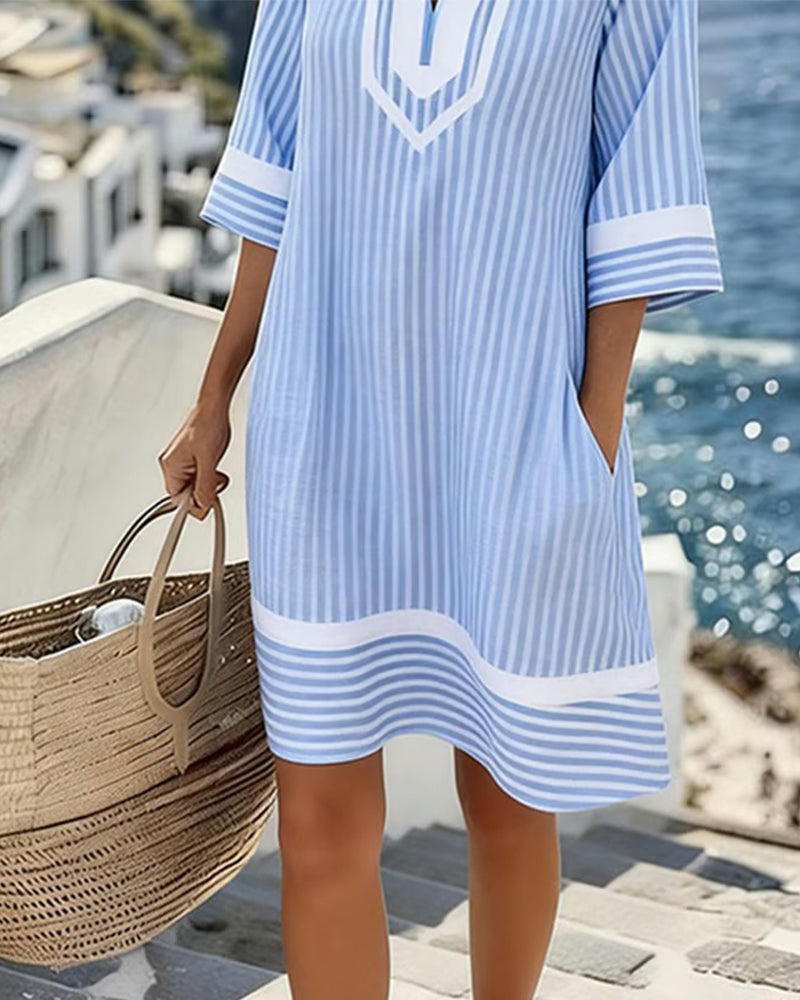 Telyxa - Women's Flowy Striped V-Neck Summer Dress