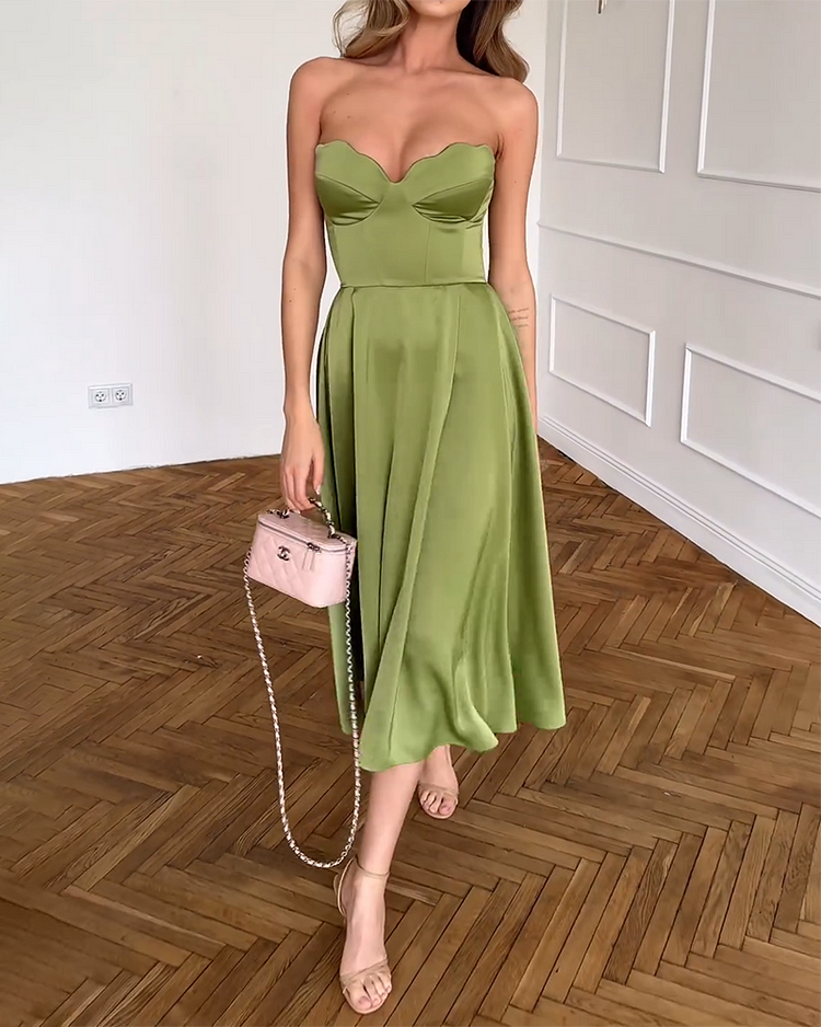 Glyvenza - Elegant and Sophisticated Strapless Satin Midi Dress for Women