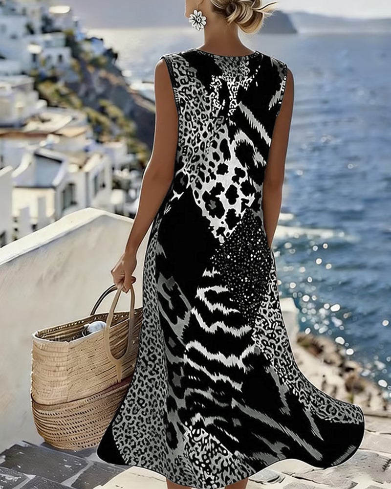 Larethi - Sleeveless Leopard Print Patchwork Maxi Dress