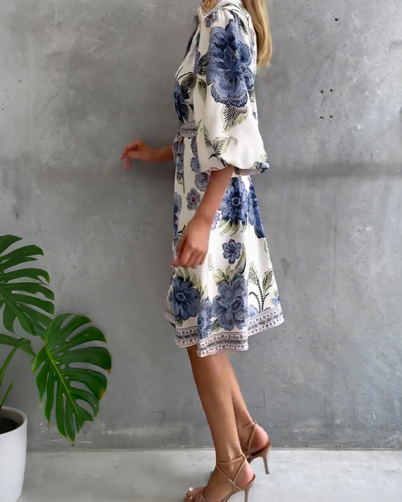 Glyssara - Women's Elegant Floral Dress with Lantern Sleeves and Buttons