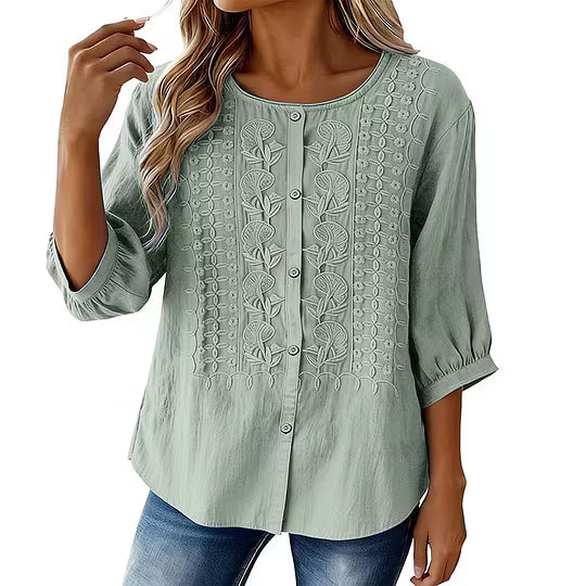 Sorivelle - Women's 3/4-Sleeve Cotton and Linen Embroidered Blouse