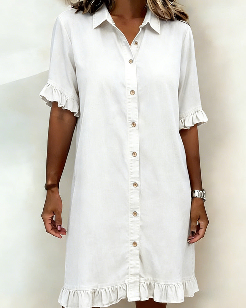 Glytha - Women's Denim Buttoned Dress with Ruffle Sleeves, Straight Casual Cut