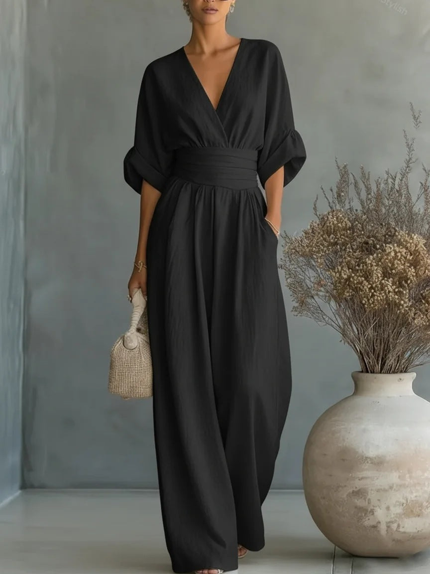 Daxelle - Women's Elegant V-Neck Belted Waist Wide-Leg Jumpsuit
