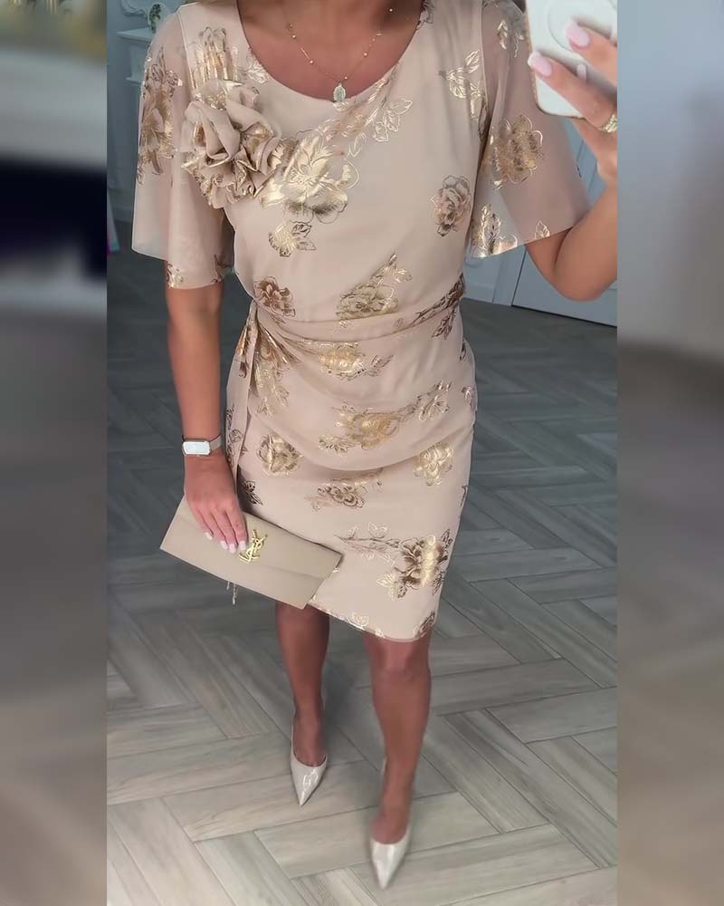 Dorevina - Elegant women's floral print dress with short sleeves and a fitted waist