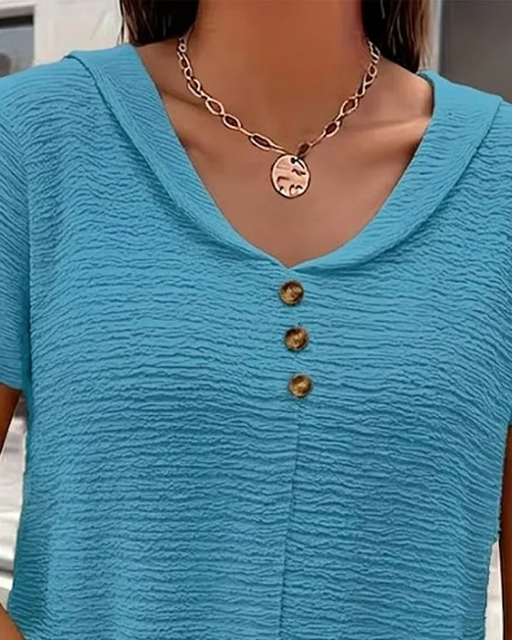 Syzelle - Women's textured round neck short sleeve t-shirt with decorative buttons, elegant