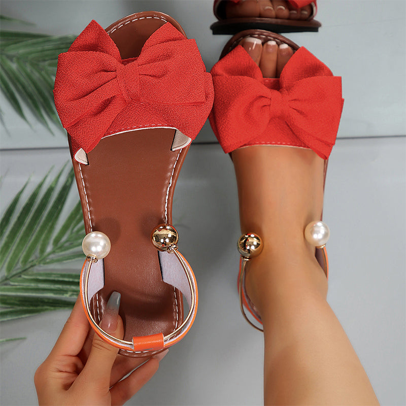 Jaxoria - Women's Flat Sandals with Decorative Bow and Pearls