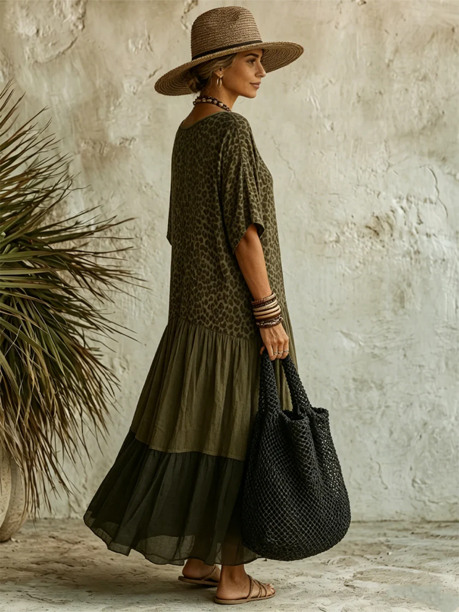 Syverelle - Flowy Cotton Leopard Bohemian Midi Dress
