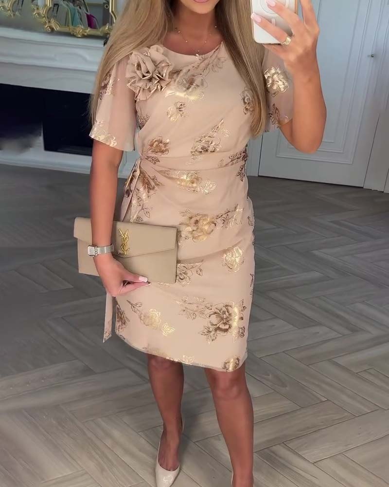 Dorevina - Elegant women's floral print dress with short sleeves and a fitted waist
