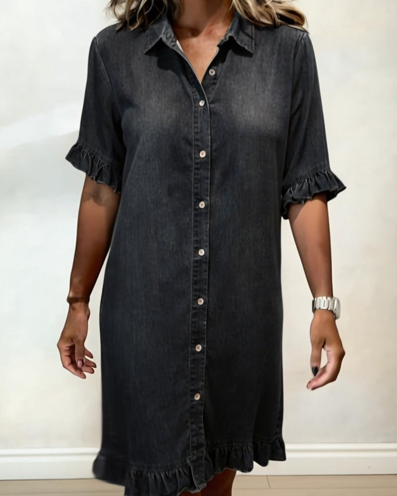 Glytha - Women's Denim Buttoned Dress with Ruffle Sleeves, Straight Casual Cut