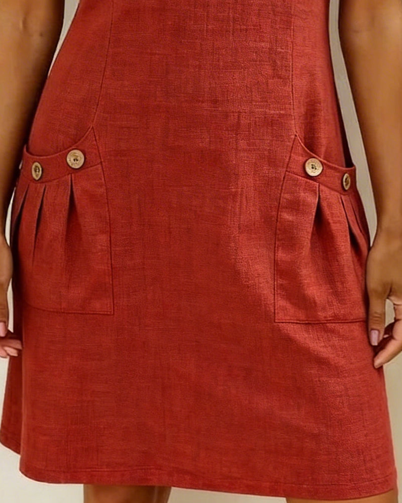 Kovira - Cotton Linen Short Dress with Zipper and Pockets