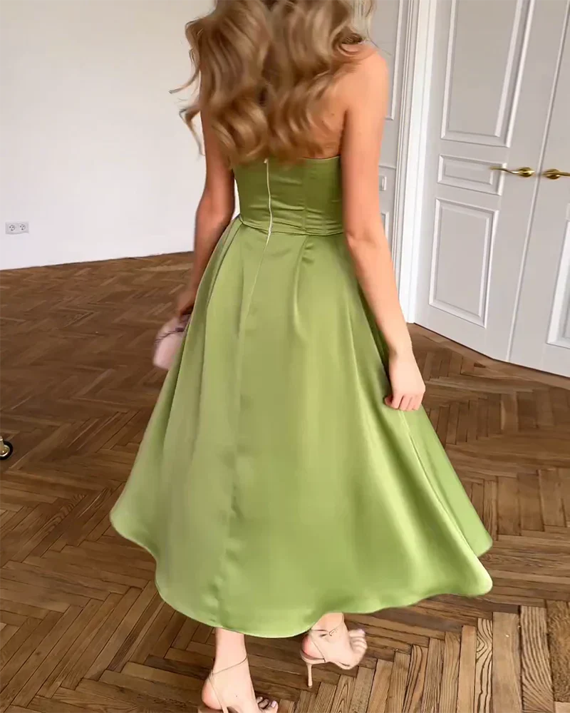 Glyvenza - Elegant and Sophisticated Strapless Satin Midi Dress for Women