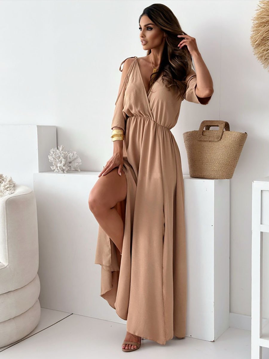 Havessira - Elegant Off-Shoulder V-Neck Maxi Dress