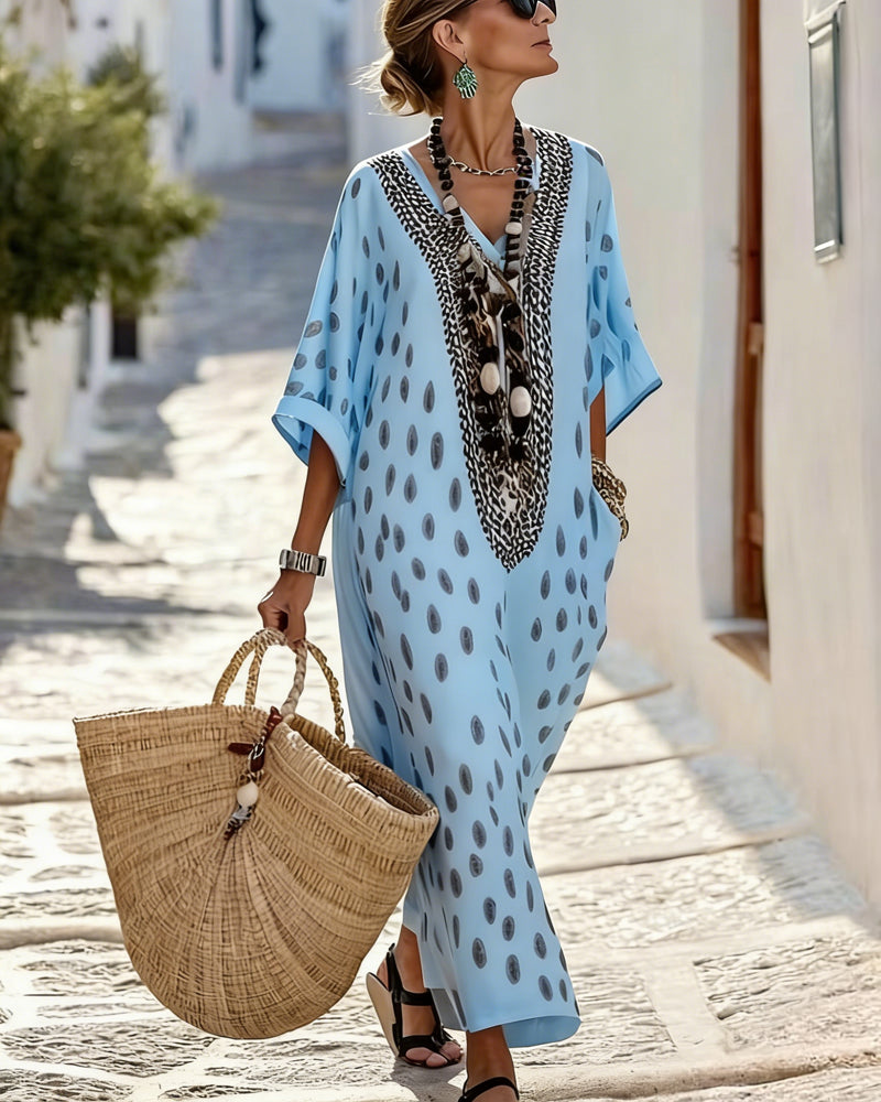 Hynovia - Women's Maxi Kaftan Dress with Polka Dot Print, V-Neck and Ethnic Trim