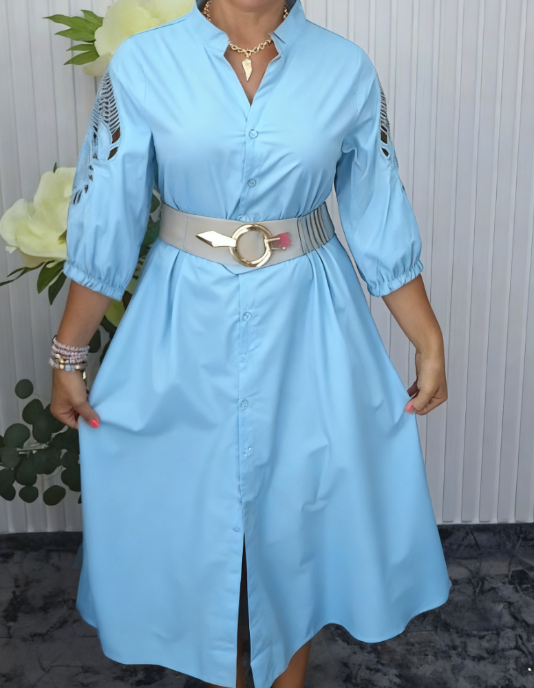 Mavellea - Women's elegant shirt dress with belt, flowing midi cut