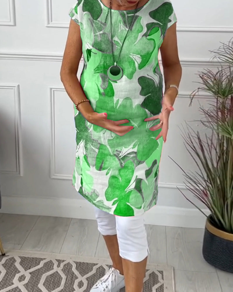 Anita - Women's green printed flowy short-sleeved loose-fitting dress
