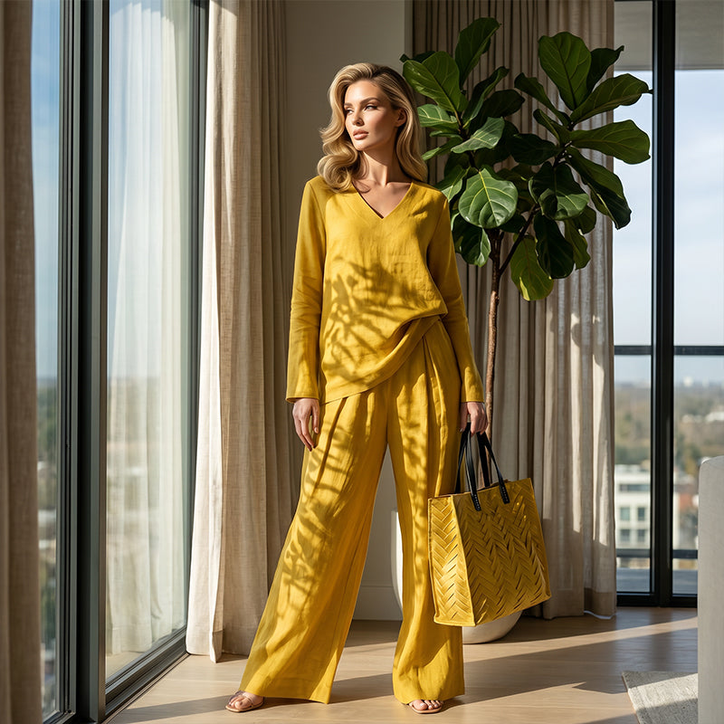 Sovalyne - Women's Casual V-Neck Top and Flowy Wide-Leg Pants Set
