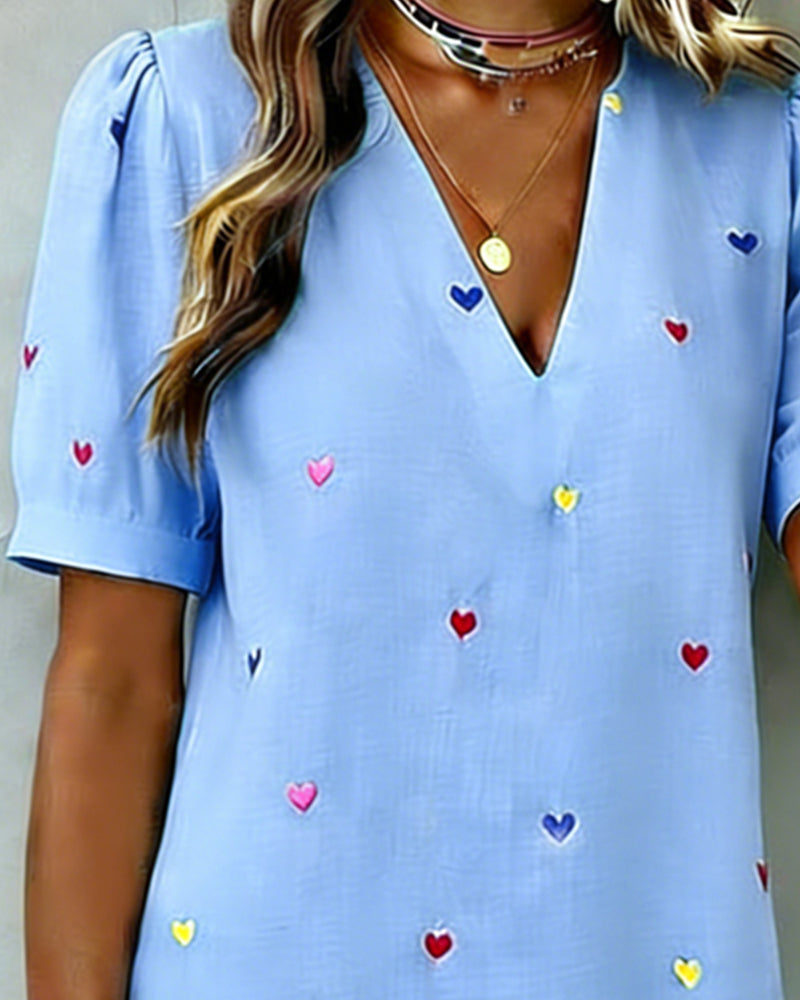 Tivoria - Women's short V-neck dress with heart print, cotton, linen, short sleeves