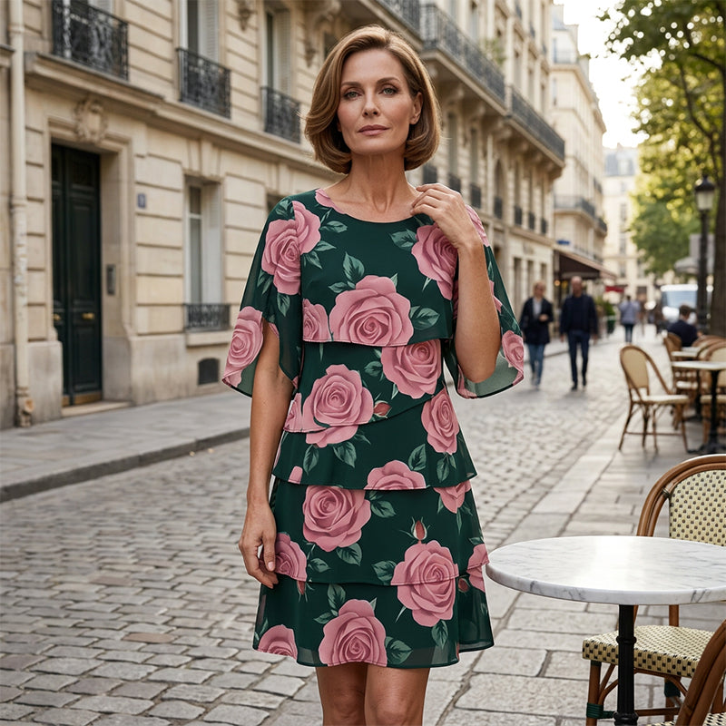 Qyvelle - Women's Floral Print Dress Loose Fit Flowy Sleeves Elegant Style