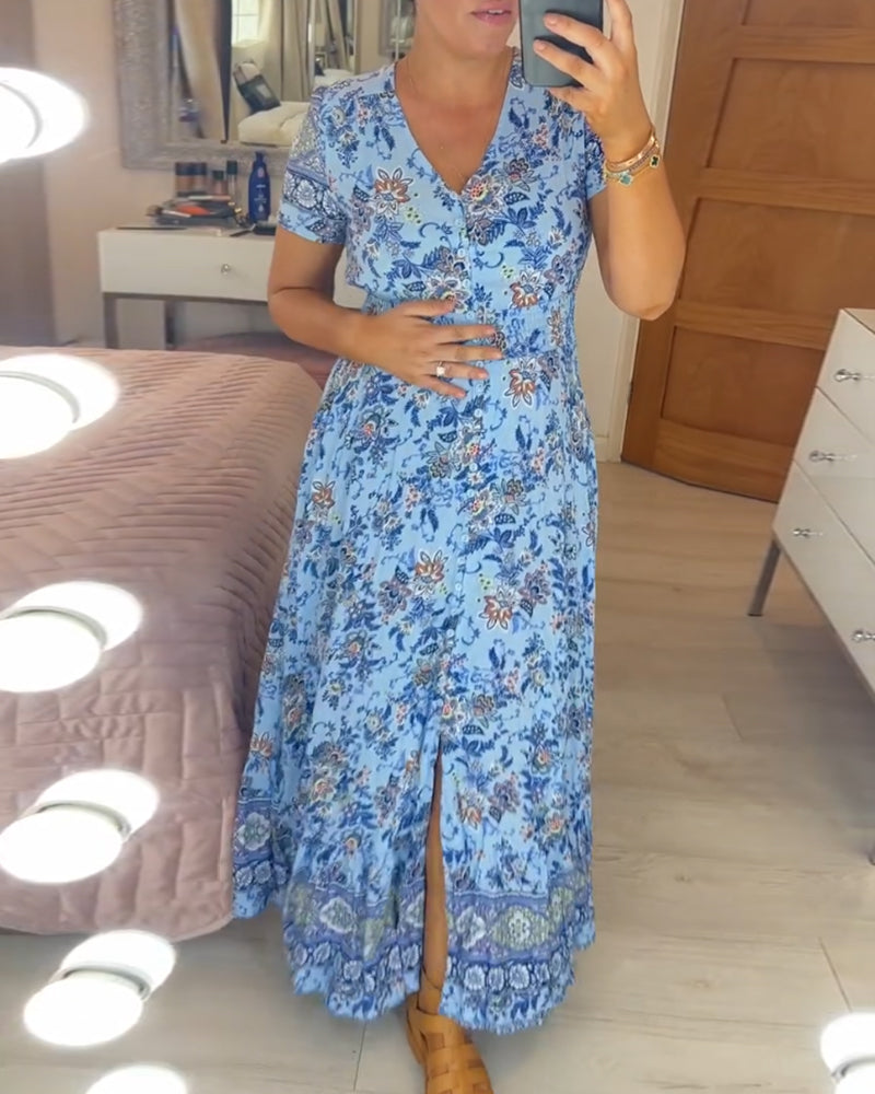 Denise - Floral Print Maxi Dress with V-Neckline