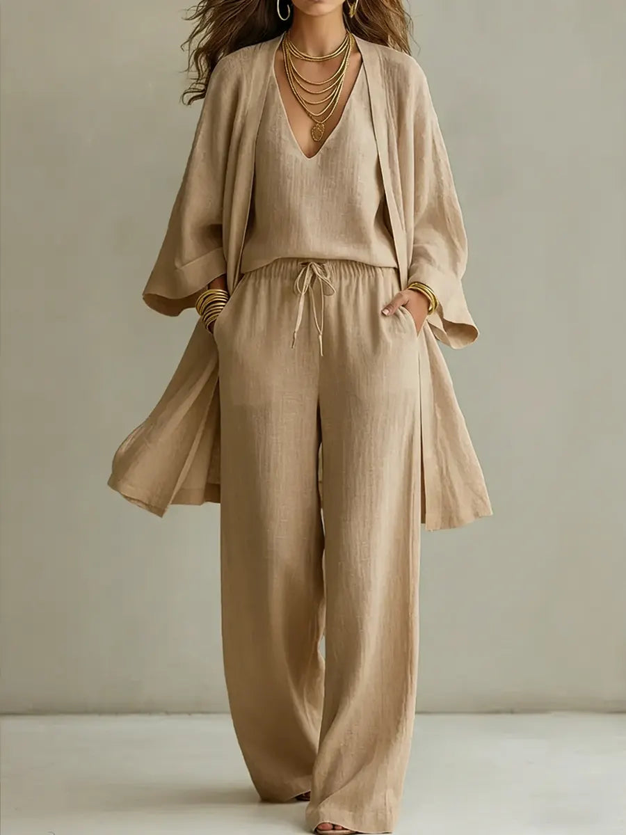 Solene - Women's Minimalist Cotton Linen Top and Elegant Trousers Set