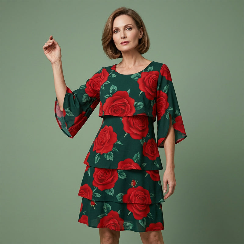 Qyvelle - Women's Floral Print Dress Loose Fit Flowy Sleeves Elegant Style
