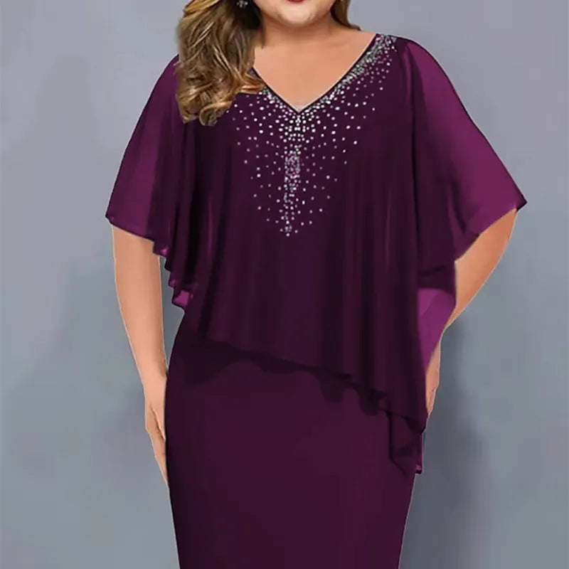 Lorenne - Women's Cape Dress with Rhinestones and Chiffon Overlay