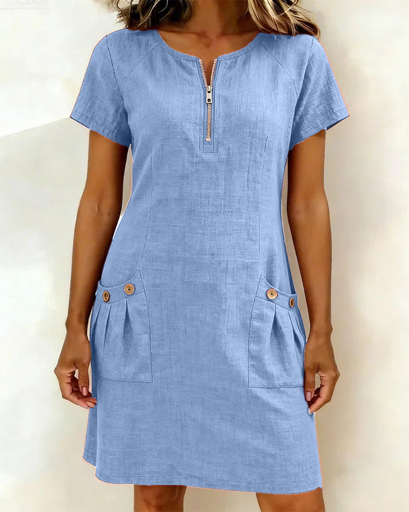 Alythessa - Elegant solid color women's short dress with comfortable pockets
