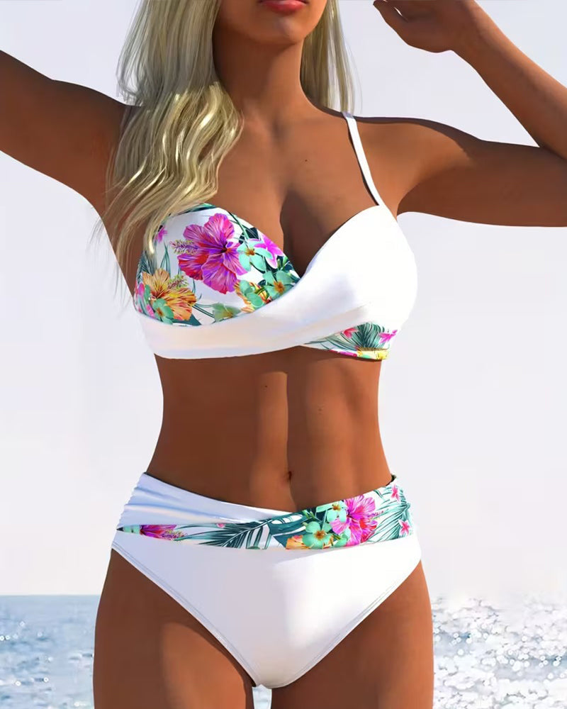 Draxina - Women's Contrast Floral Print Skinny Strap Bikini