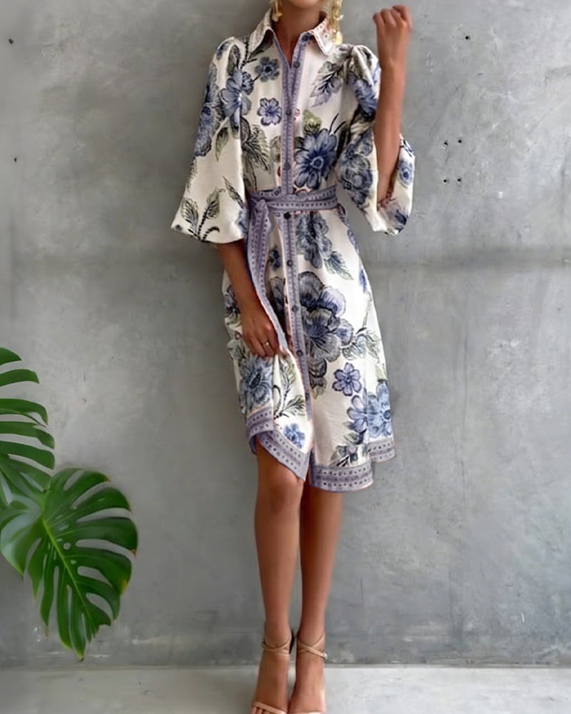 Glyssara - Women's Elegant Floral Dress with Lantern Sleeves and Buttons