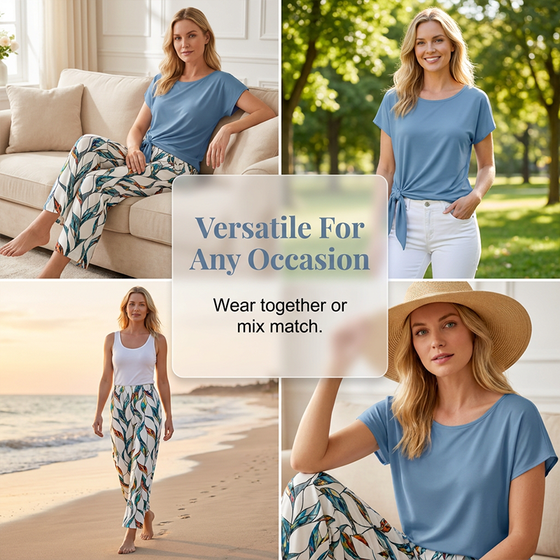 Bryselle - Two-piece women's set with knotted top and fluid printed trousers
