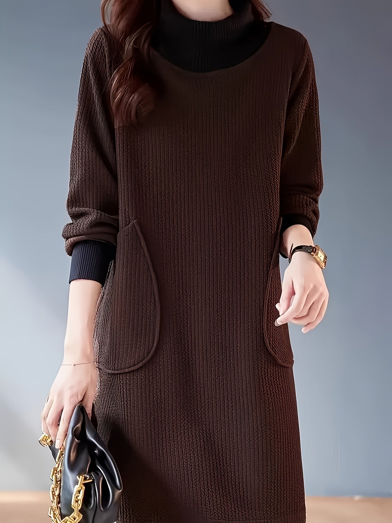 Lydie - Chic Midi Dress with High Neck and Raglan Sleeves