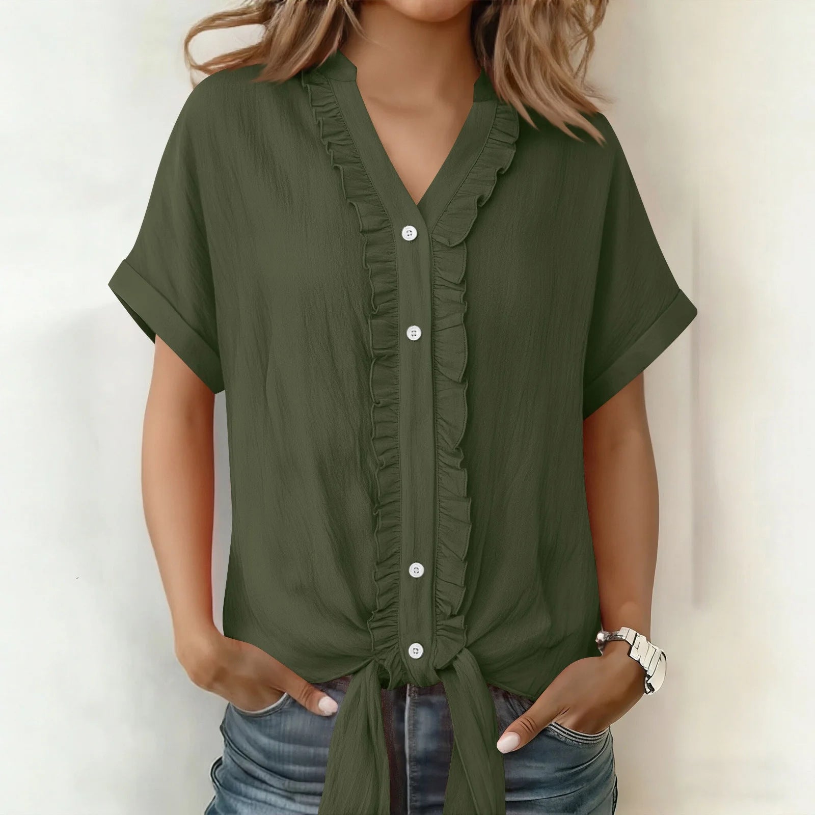 Kalyxa - Women's Cotton V-neck Short Sleeve Tie-front Summer Shirt