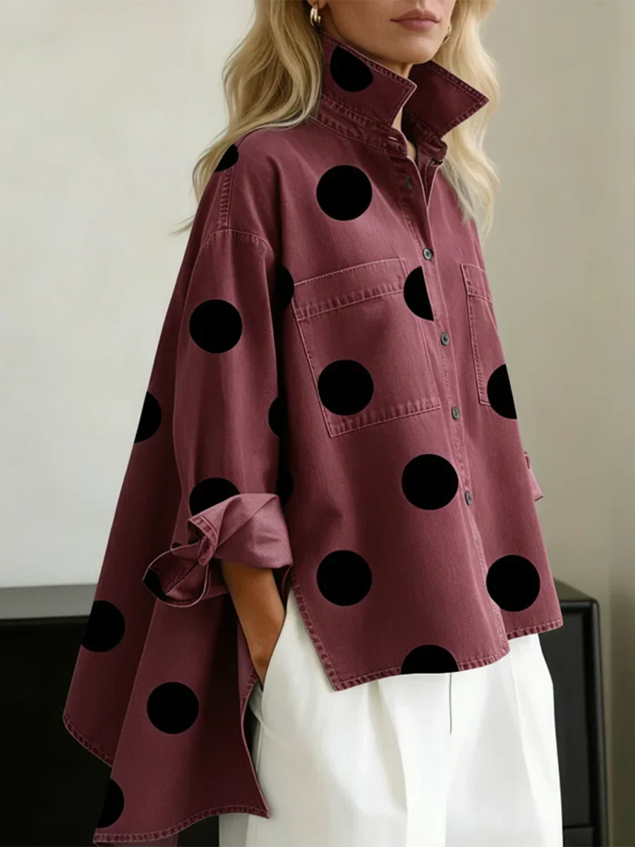 Aqira - Women's Oversized Polka Dot Shirt Loose Fit Modern Structured Collar