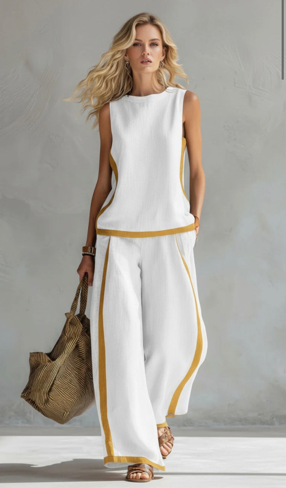 Tavindra - Elegant Cotton Linen Women's Set – Sleeveless Top & Wide-Leg Pants